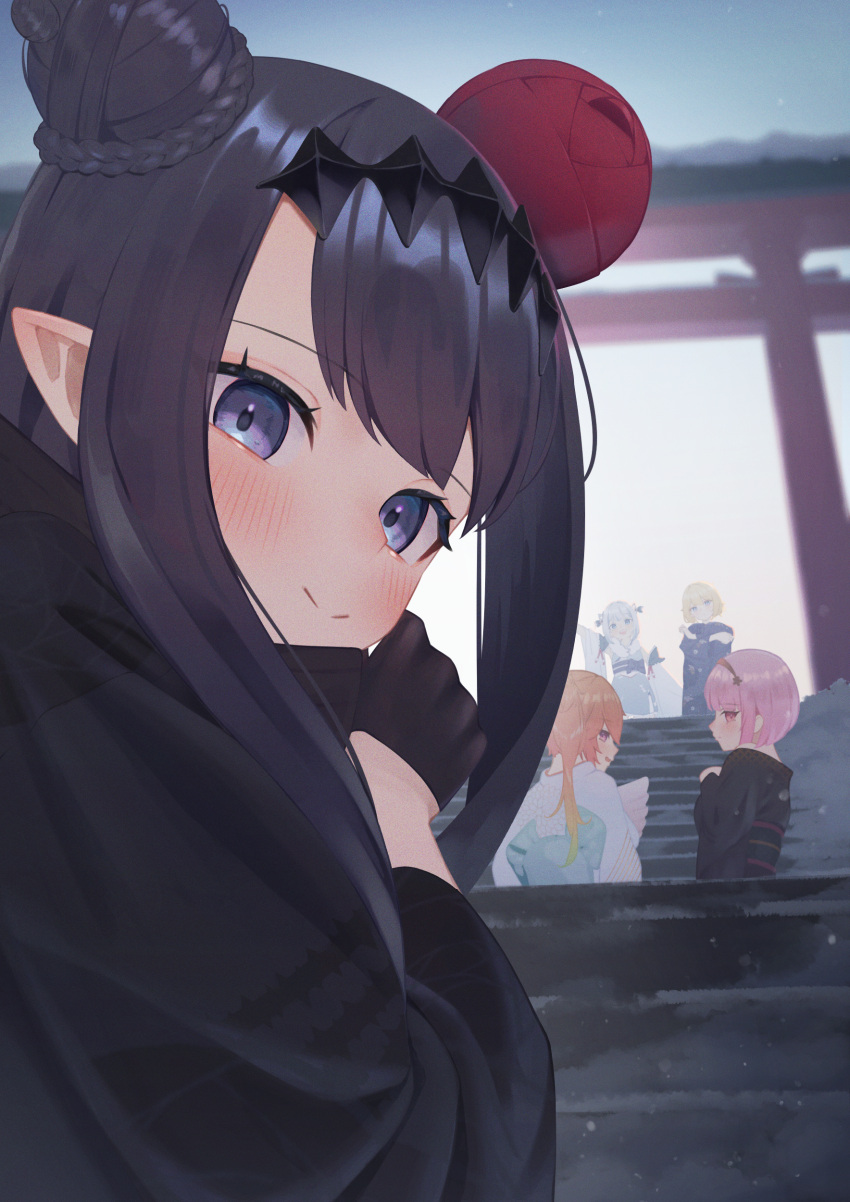 4girls, absurdres, black_gloves, black_kimono, blonde_hair, blush, double_bun, ecli_xx