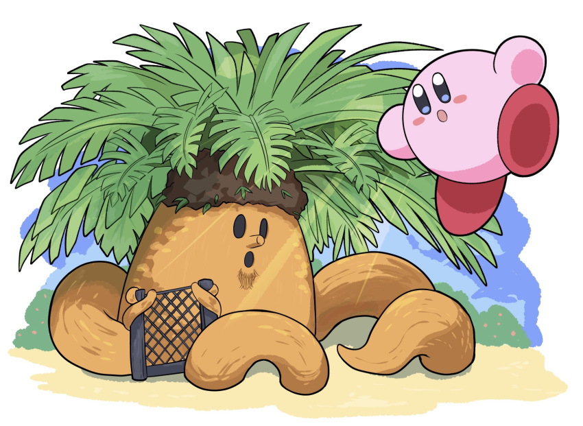 1other, blush_stickers, bush, chain-link_fence, colored_skin, fence, highres, kirby