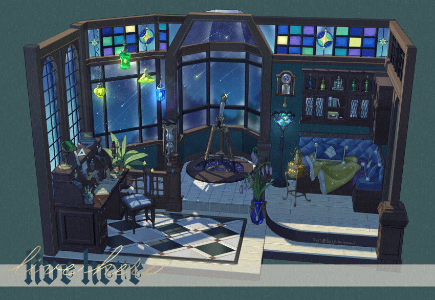 absurdres, baiyinan, book, bookshelf, cabinet, chinese_commentary, clock, commentary_request, concept_art, couch, cushion, desk, desk_lamp, diorama, drawer, electric_kettle, envelope, floor_lamp, flower, hanging_light, highres, indoors, kettle, lamp, leaf, meteor_shower, night, night_sky, no_humans, open_drawer, original, paper, pen, pendulum, pendulum_clock, pillow, plant, potted_plant, ruler, scenery, set_square, shooting_star, sky, stained_glass, star_(sky), star_(symbol), star_print, starry_sky, still_life, telescope, tile_floor, tiles, twitter_username, vase, wall_clock, window, wooden_chair
