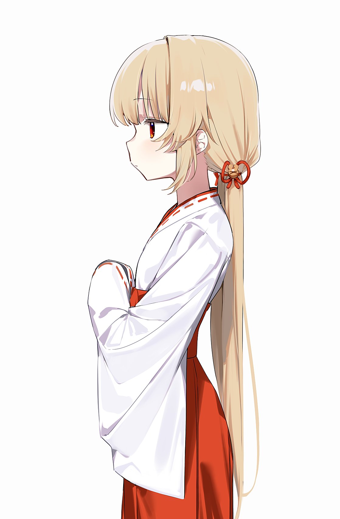 1girl, blonde_hair, commentary_request, expressionless, flat_chest, from_side, hair_ornament, hakama