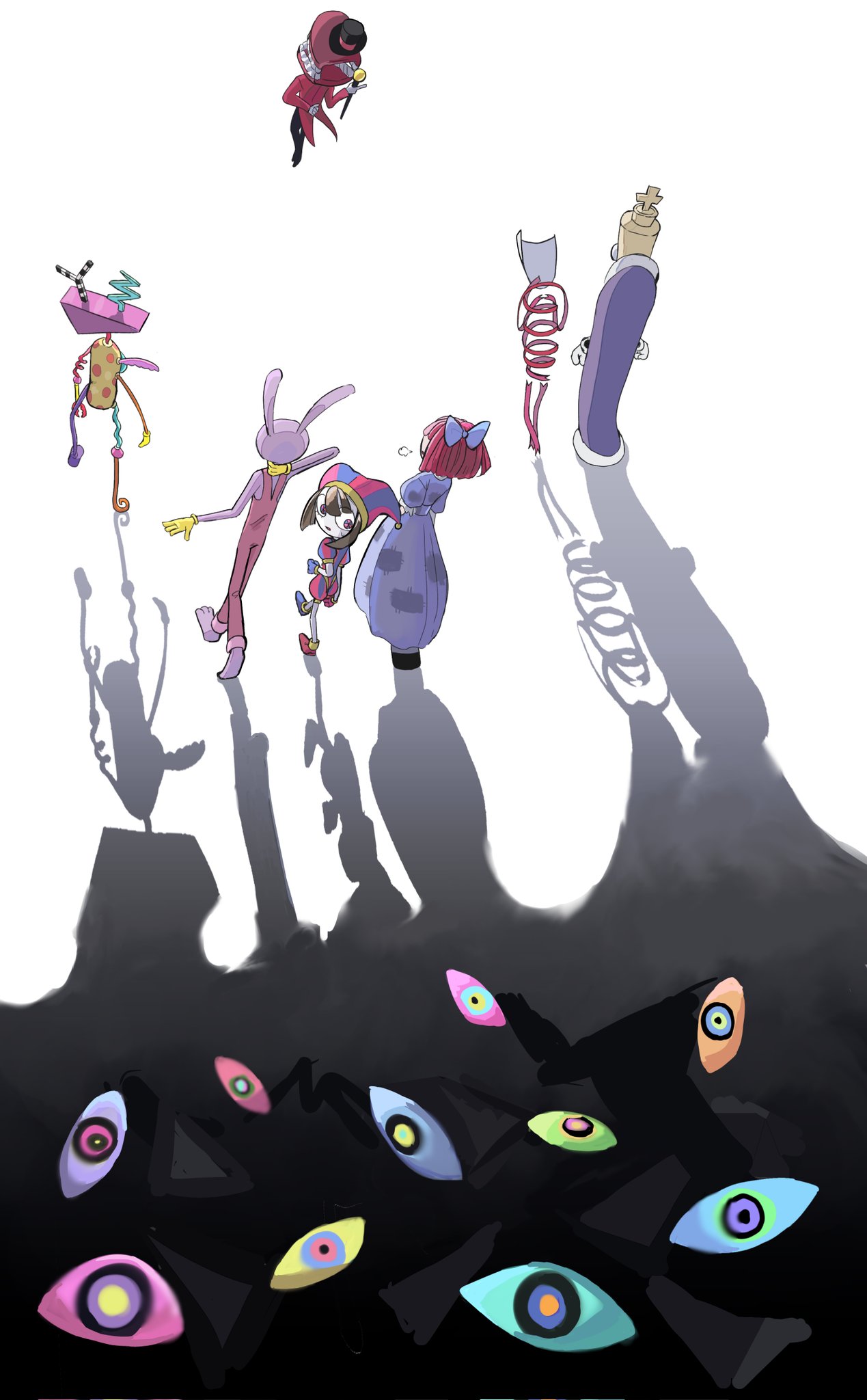 2others, 3boys, 3girls, animal_ears, asymmetrical_gloves, blue_gloves, brown_hair, caine_(the_amazing_digital_circus)