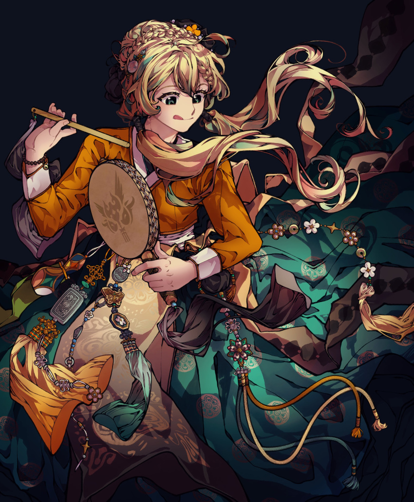 1girl, :q, absurdres, blonde_hair, braid, canisalpine, dark_background, drum, floating_hair, flower, green_eyes, hair_flower, hair_ornament, hanbok, highres, holding, holding_instrument, instrument, korean_clothes, low_twintails, millie_parfait, mixed-language_commentary, multicolored_hair, nijisanji, nijisanji_en, orange_hanbok, solo, streaked_hair, tassel, tongue, tongue_out, twintails