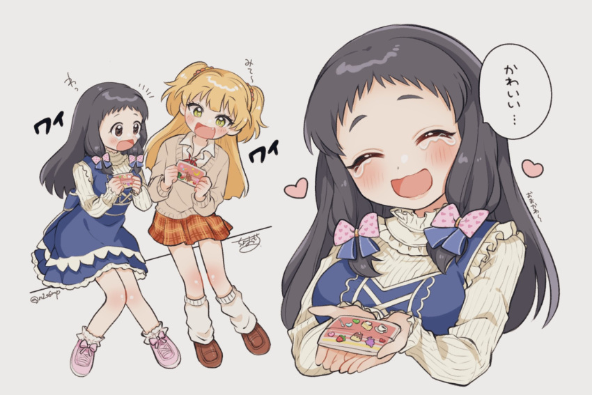 2girls, black_hair, blonde_hair, blue_dress, blush, bow, cardigan, choko_omochi