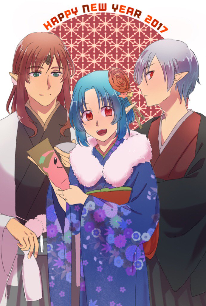 1girl, 2boys, :d, blue_hair, closed_mouth, facial_mark, filia_(star_ocean), forehead_jewel