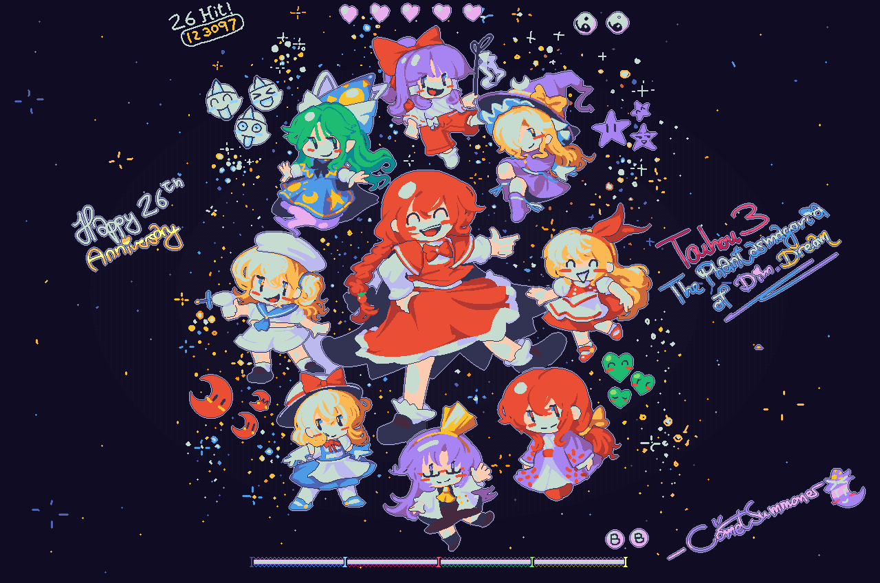 >_<, 6+girls, ^^^, anniversary, apron, artist_name, asakura_rikako, ascot