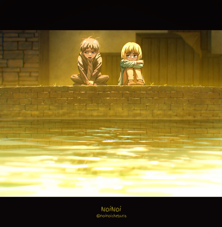 2boys, armin_arlert, artist_name, blonde_hair, blue_jacket, brick_wall, brown_footwear, brown_hair