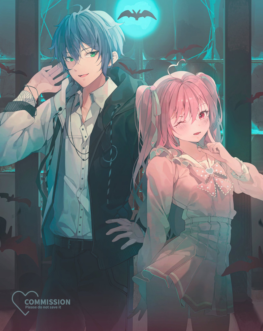 1boy, 1girl, ahoge, bat_(animal), belt, black_hoodie, blue_hair, bow, character_request, collared_shirt, commission, dress, green_eyes, hair_ribbon, hand_on_own_hip, highres, hood, hoodie, indie_virtual_youtuber, long_sleeves, multicolored_clothes, multicolored_hoodie, narue_seina, open_mouth, patch_oxxo, pink_dress, pink_hair, pink_shirt, red_eyes, ribbon, shirt, short_hair, smile, teeth, twintails, virtual_youtuber, white_belt, white_bow, white_hoodie, white_shirt