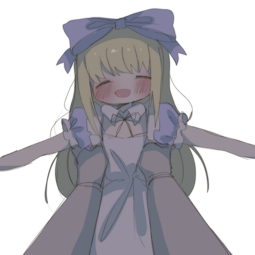 1boy, 1girl, alice_(black_souls), black_ribbon, black_souls, blonde_hair, blue_bow, blue_dress
