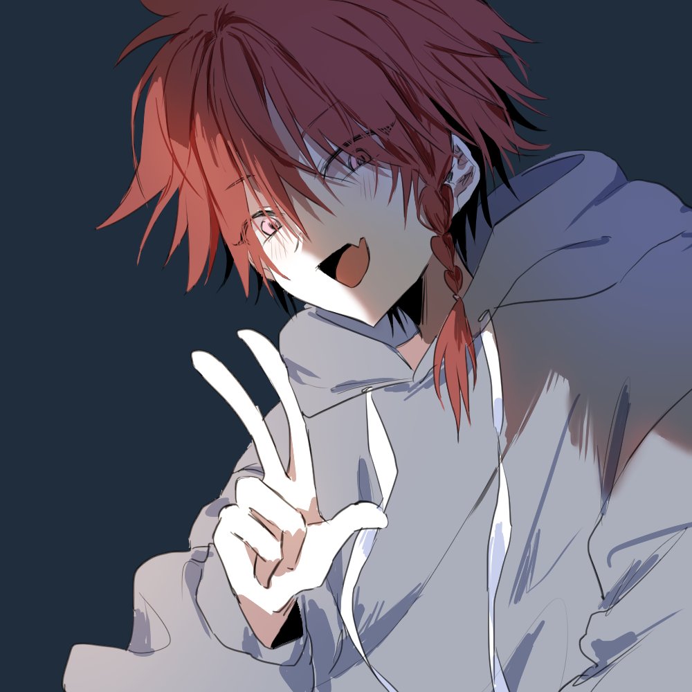 1boy, blush, braid, fang, grey_hoodie, haep0912, hood, hood_down, hoodie, looking_at_viewer, maeno_aki, male_focus, open_mouth, pale_skin, red_eyes, redhead, short_hair_with_long_locks, sketch, skin_fang, solo, tongue, tongue_out, v, zeno_(game)