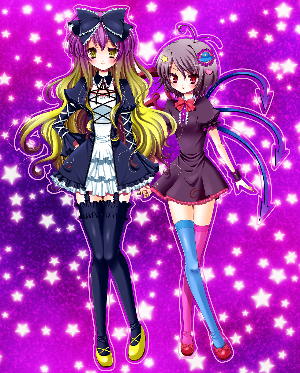 asymmetrical_wings, bad_id, black_legwear, black_thighhighs, blue_legwear, bow, brown_hair, dress