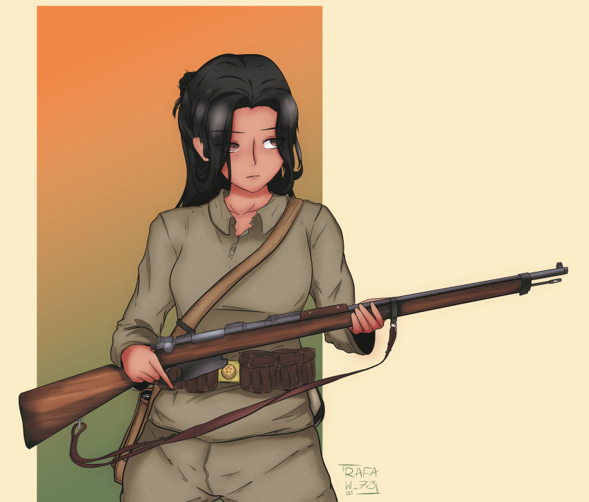 1girl, absurdres, ammunition_pouch, belt_buckle, black_hair, brown_eyes, buckle, gun