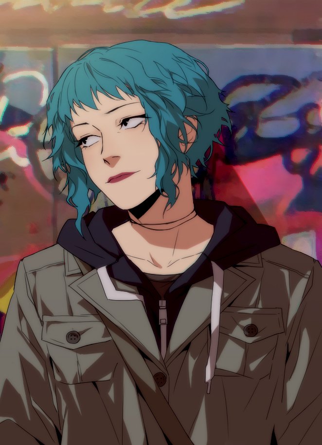 1girl, against_wall, blue_hair, closed_mouth, graffiti, hood, hooded_jacket, jacket