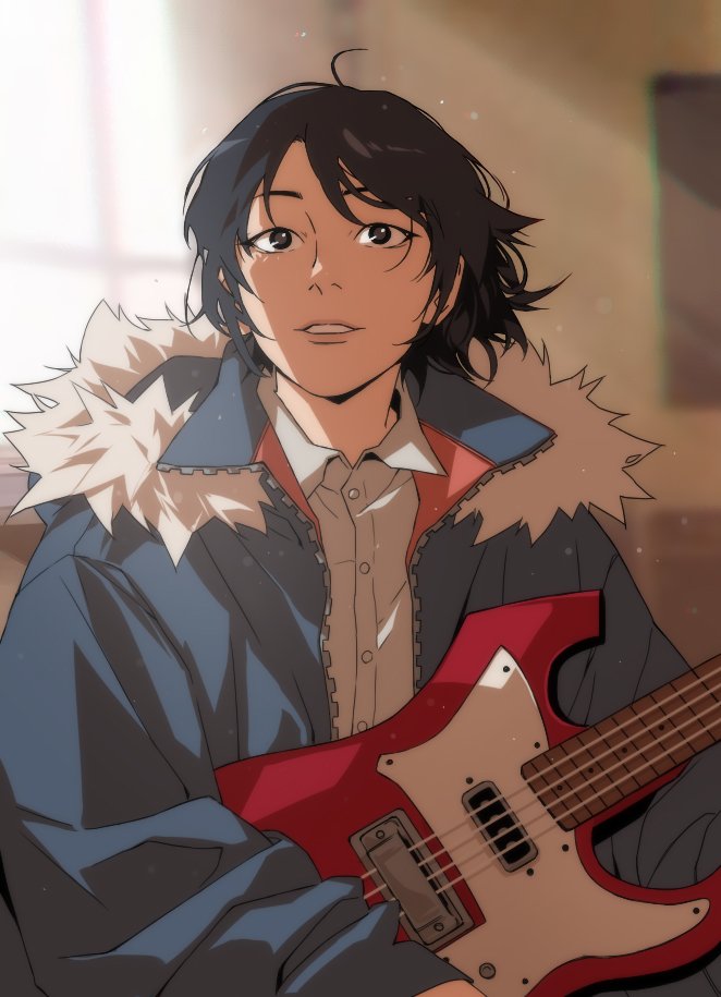 1girl, bass_guitar, black_eyes, black_hair, day, fur-trimmed_jacket, fur_trim, guitar