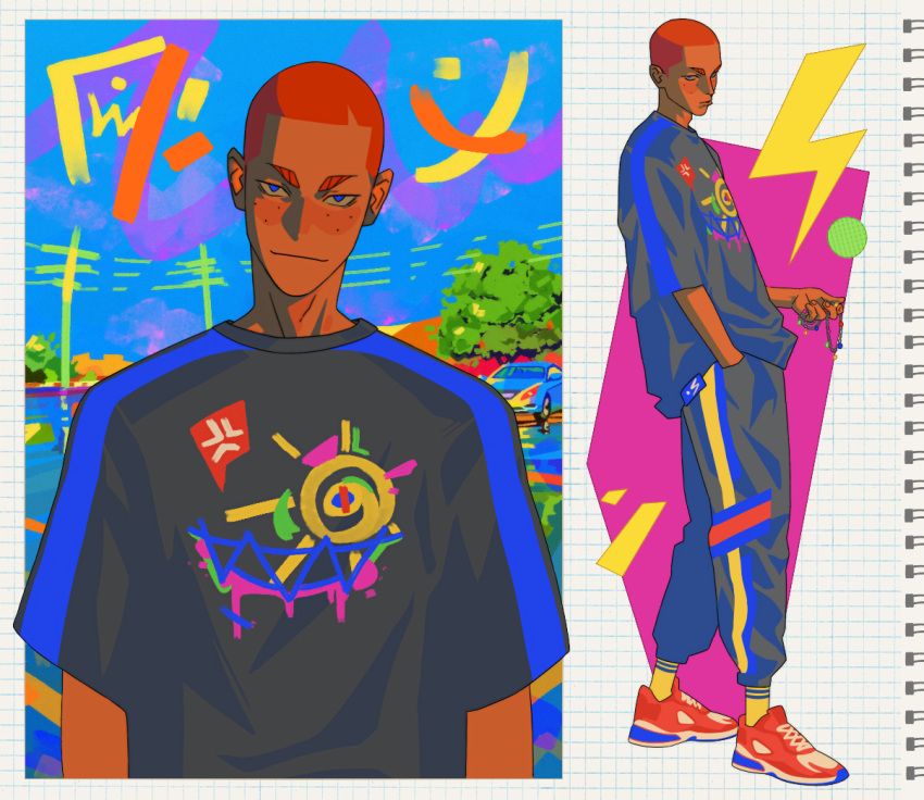1other, abstract_background, androgynous, blue_eyes, buzz_cut, car, colorful, freckles