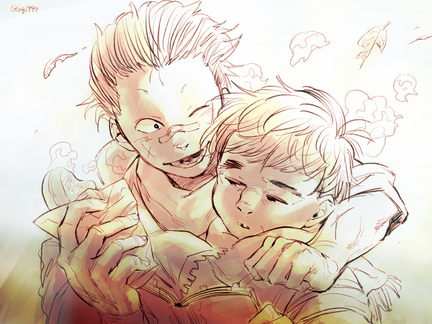 2boys, aged_down, arm_around_shoulder, autumn, autumn_leaves, bandage_on_face, bandages, book, buck_teeth, hair_ornament, hair_stick, highres, holding, holding_book, male_focus, monochrome, multiple_boys, one_eye_closed, open_mouth, osomatsu-kun, scarf, smile, steam, tamago_toji, teeth, tetsu_the_killer_(osomatsu-kun), thick_eyebrows, upper_body, yagi_(osomatsu-kun)