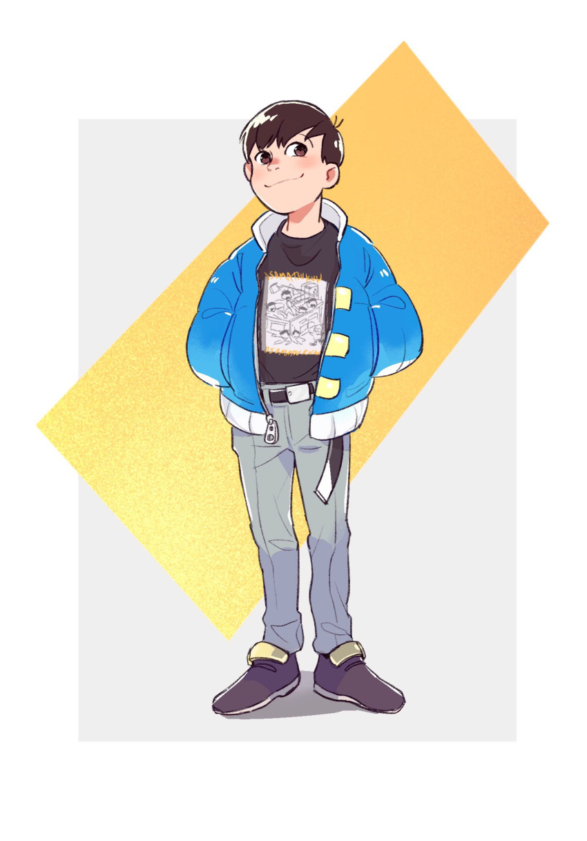 1boy, belt, black_belt, black_eyes, black_hair, blue_jacket, character_print, child