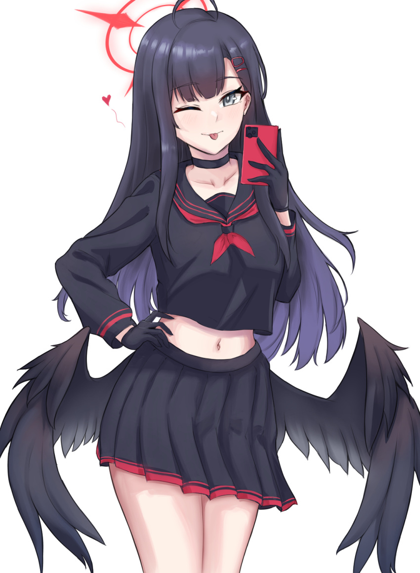 1girl, black_choker, black_gloves, black_sailor_collar, black_shirt, black_skirt, black_wings, blue_archive, cellphone, choker, closed_mouth, fangs_(fangs_art), feathered_wings, gloves, grey_eyes, halo, heart, highres, holding, holding_phone, ichika_(blue_archive), long_hair, low_wings, navel, one_eye_closed, phone, pleated_skirt, red_halo, sailor_collar, selfie, shirt, simple_background, skirt, smartphone, smile, solo, tongue, tongue_out, white_background, wings