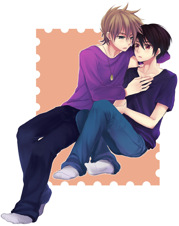 black_hair, blue_eyes, brown_hair, green_eyes, hat, jeans, jewelry, male