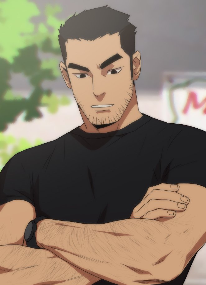 1boy, alternate_muscle_size, animification, arm_hair, black_eyes, black_hair, black_shirt, crossed_arms