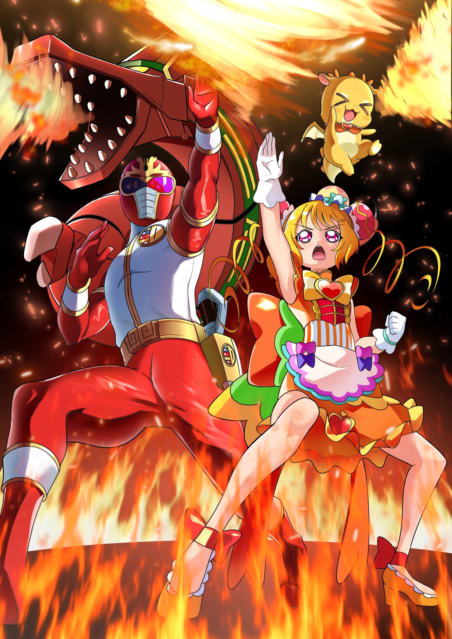 >_<, 1boy, 1girl, apron, arm_up, armor, back_bow, belt, blonde_hair, bodysuit, bow, brooch, bun_cover, chinese_clothes, chinese_zodiac, choker, clenched_hand, commentary_request, crossover, cure_yum-yum, delicious_party_precure, double_bun, dragon, dress, drill_hair, fighting_stance, fire, full_body, gloves, gosei_sentai_dairanger, hair_bun, hanamichi_ran, hat, heart, heart_brooch, highres, huge_bow, jewelry, magical_girl, mask, mem-mem_(precure), non-humanoid_robot, open_mouth, pink_eyes, precure, red_bow, robot, robot_dragon, ryuu_ranger_(dairanger), ryuuseioh, sharp_teeth, shoes, sleeveless, super_sentai, teeth, tirofinire, twin_drills, white_gloves, year_of_the_dragon, yellow_bow