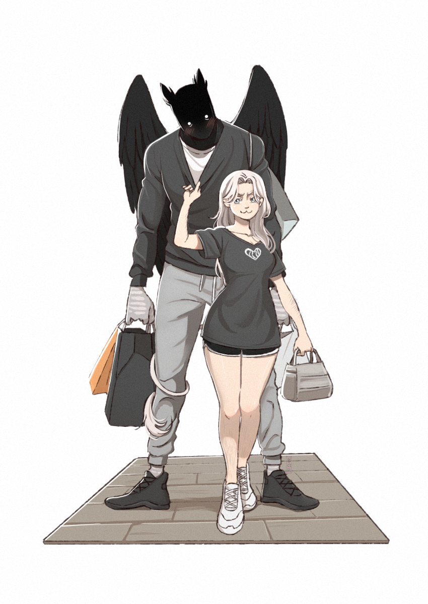 1boy, 1girl, :3, bag, bird_boy, black_footwear, black_jacket, black_shirt, black_shorts, blue_eyes, blush, cat_tail, clothes_pull, contemporary, feathers, full_body, hand_up, handbag, highres, holding, holding_bag, jacket, legs, long_hair, nose_blush, princess_(slay_the_princess), shirt, shop, shopping, shopping_bag, short_shorts, shorts, simple_background, slay_the_princess, tail, tanblaque, the_hero_(slay_the_princess), the_witch_(slay_the_princess), white_background, white_footwear, white_hair, wings