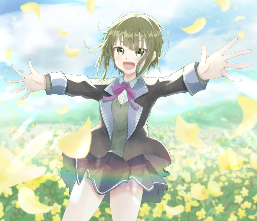 1girl, :d, black_jacket, black_skirt, blazer, blue_sky, blurry, blush