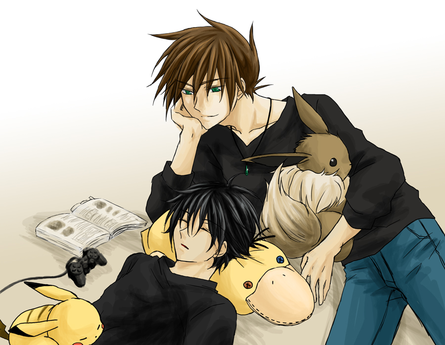 2boys, black_hair, book, brown_hair, closed_eyes, eevee, green_eyes, male