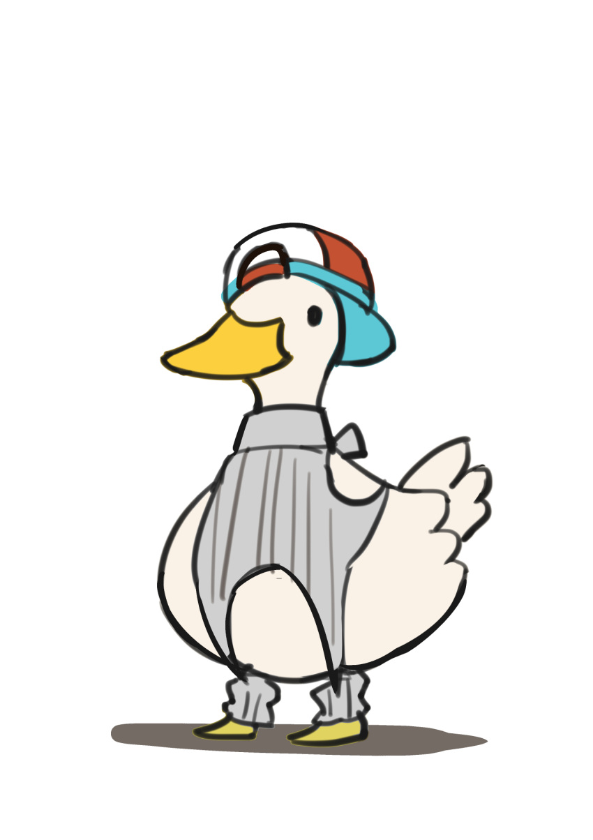 adopot, animal, animal_focus, backwards_hat, baseball_cap, bird, duck, hat, highres, hololive, meme_attire, no_humans, oozora_subaru, shadow, simple_background, solo, subaru_duck, virgin_destroyer_sweater, virtual_youtuber, white_background