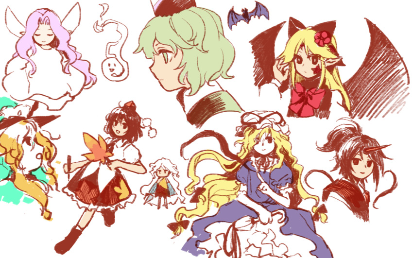 6+girls, bat_(animal), black_eyes, black_footwear, black_hair, black_socks, blonde_hair, chibi