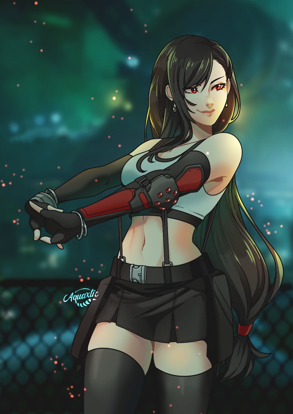1girl, aquaxtic, artist_name, bare_shoulders, black_bra, black_gloves, black_hair, black_skirt, black_thighhighs, blurry, blurry_background, bra, breasts, chain-link_fence, closed_mouth, cowboy_shot, crop_top, dangle_earrings, earrings, elbow_gloves, elbow_pads, fence, final_fantasy, final_fantasy_vii, final_fantasy_vii_remake, fingerless_gloves, gloves, hair_tie, highres, jewelry, long_hair, looking_to_the_side, low-tied_long_hair, medium_breasts, midriff, miniskirt, navel, own_hands_together, pleated_skirt, red_eyes, shirt, single_elbow_pad, skirt, sleeveless, sleeveless_shirt, smile, solo, sports_bra, stretching, suspenders, swept_bangs, thigh-highs, tifa_lockhart, underwear, white_shirt, zettai_ryouiki