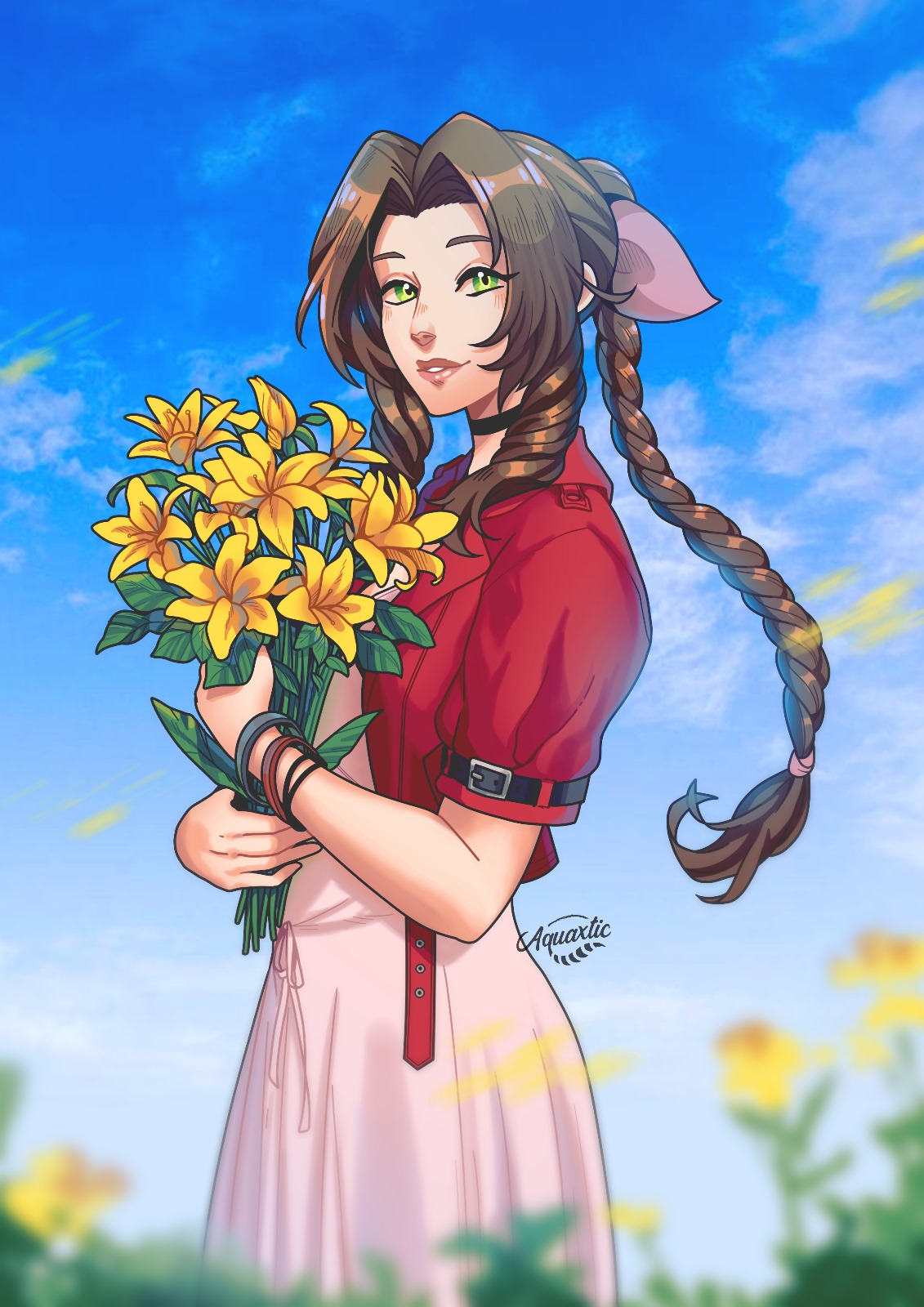 1girl, aerith_gainsborough, aquaxtic, artist_name, bangle, black_choker, blue_sky, blurry