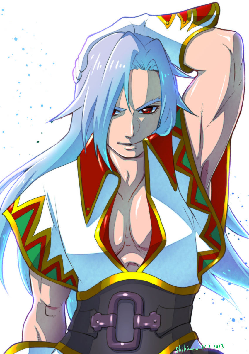 1boy, absurdres, arm_behind_head, artist_name, blue_hair, chrono_cross, closed_mouth, dated
