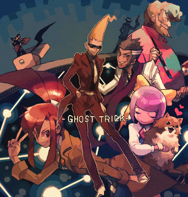 blonde_hair, cat, cat_(ghost_trick), dog, formal, ghost_trick, grey_hair, gun, heart, jacket, johdo, kabanera, kanon_(ghost_trick), lynne, missile_(ghost_trick), multicolored_hair, necktie, orange_hair, paintbrush, ponytail, purple_hair, ribbon, scarf, sissel, suit, sunglasses, two-tone_hair, v, weapon, white_hair