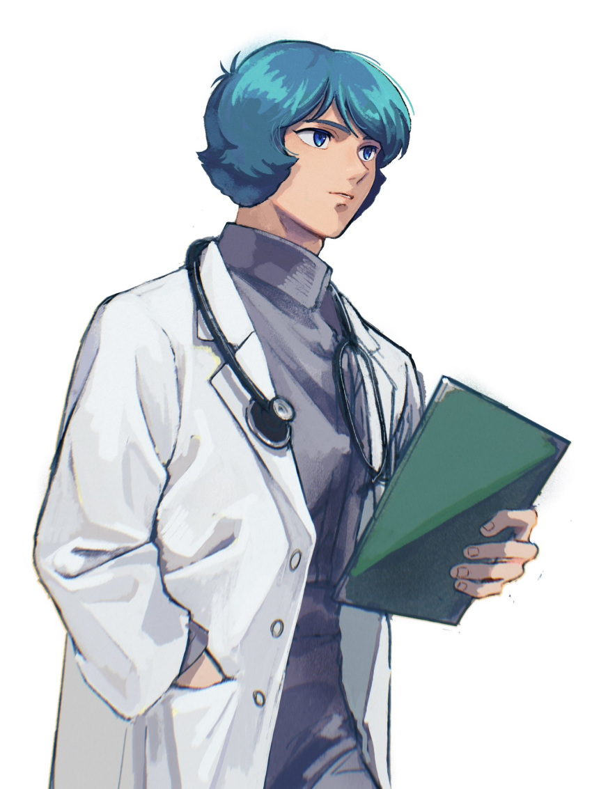 1boy, blue_eyes, blue_hair, coat, cowboy_shot, doctor, gundam, gundam_uc_0099:_moon_crisis