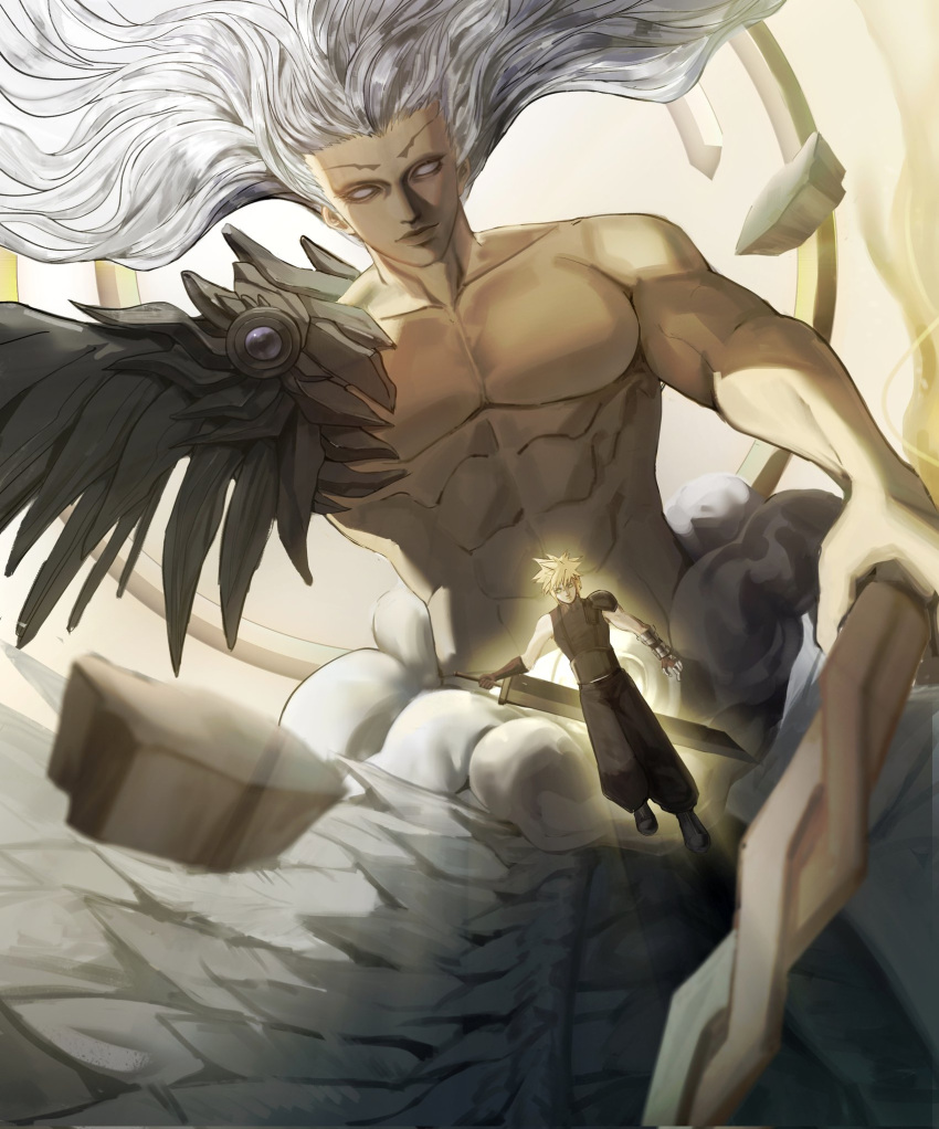 2boys, baggy_pants, black_wings, blonde_hair, boots, buster_sword, cloud_strife, debris