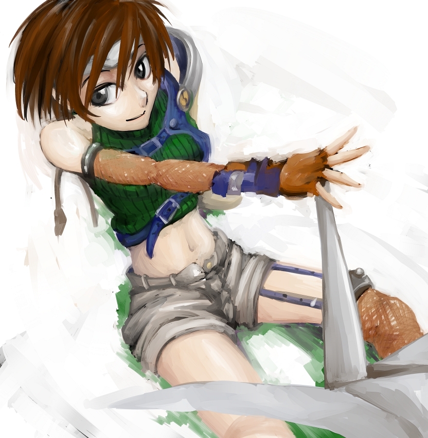 ashiyu_(ashmouautz), bare_shoulders, black_eyes, brown_hair, final_fantasy, final_fantasy_vii, fingerless_gloves, fishnets