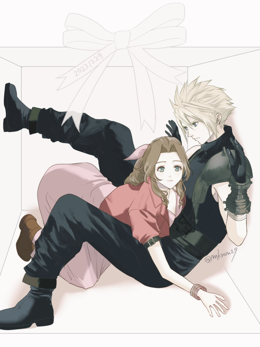 1boy, 1girl, absurdres, aerith_gainsborough, bandaged_arm, bandages, bangle, belt