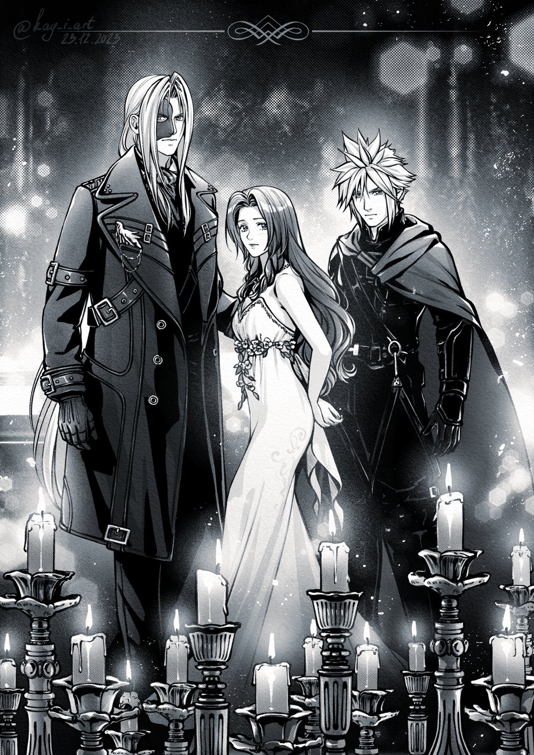 1girl, 2boys, aerith_gainsborough, arm_around_back, armor, arms_behind_back, back_bow, black_armor, black_coat, black_gloves, bow, breasts, candle, christine_daae, christine_daae_(cosplay), cloak, closed_mouth, cloud_strife, coat, cosplay, dress, dress_flower, erik_(phantom_of_the_opera), erik_(phantom_of_the_opera)_(cosplay), eye_mask, feet_out_of_frame, final_fantasy, final_fantasy_vii, final_fantasy_vii_rebirth, final_fantasy_vii_remake, gloves, greyscale, hair_between_eyes, highres, kay-i, long_bangs, long_coat, long_dress, long_hair, looking_at_viewer, mask_over_one_eye, medium_breasts, monochrome, multiple_boys, official_alternate_costume, parted_bangs, phantom_of_the_opera, raoul_de_chagny, raoul_de_chagny_(cosplay), sephiroth, short_hair, sidelocks, spiky_hair, strapless, strapless_dress, wavy_hair, white_dress