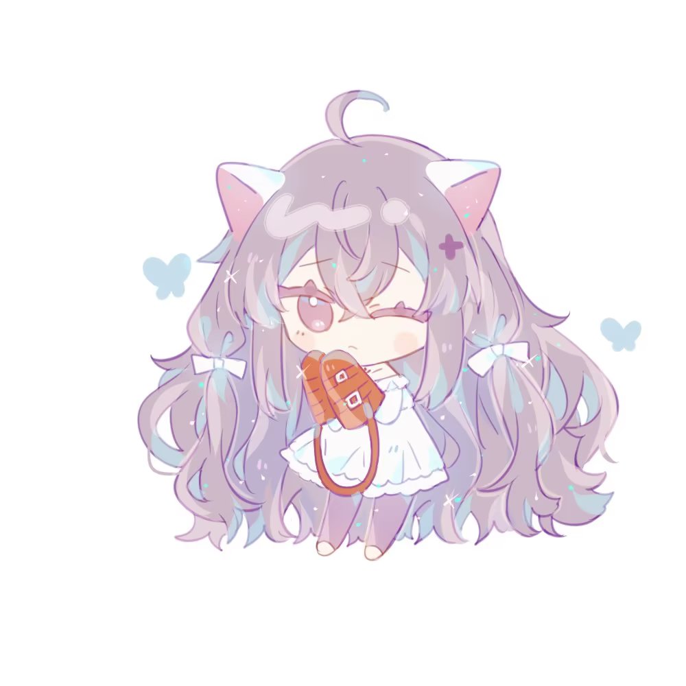 1girl, animal_ears, barefoot, brown_dust_2, cat_ears, chibi, closed_mouth, dress
