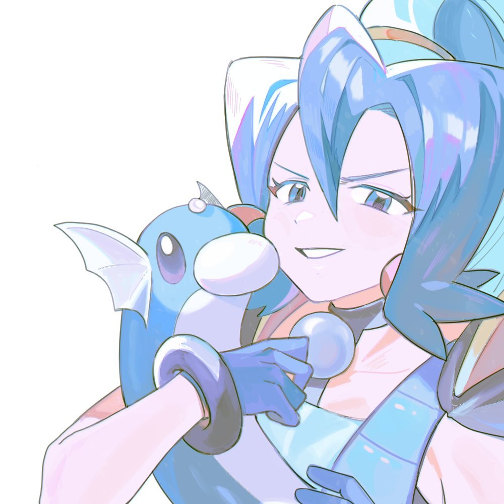 1girl, blue_eyes, blue_gloves, blue_hair, clair_(pokemon), commentary, dratini, eyelashes, gloves, grin, hair_between_eyes, hands_up, long_hair, looking_at_viewer, majyo_(witch_poke), pokemon, pokemon_(creature), pokemon_hgss, ponytail, smile, symbol-only_commentary, teeth, upper_body, white_background