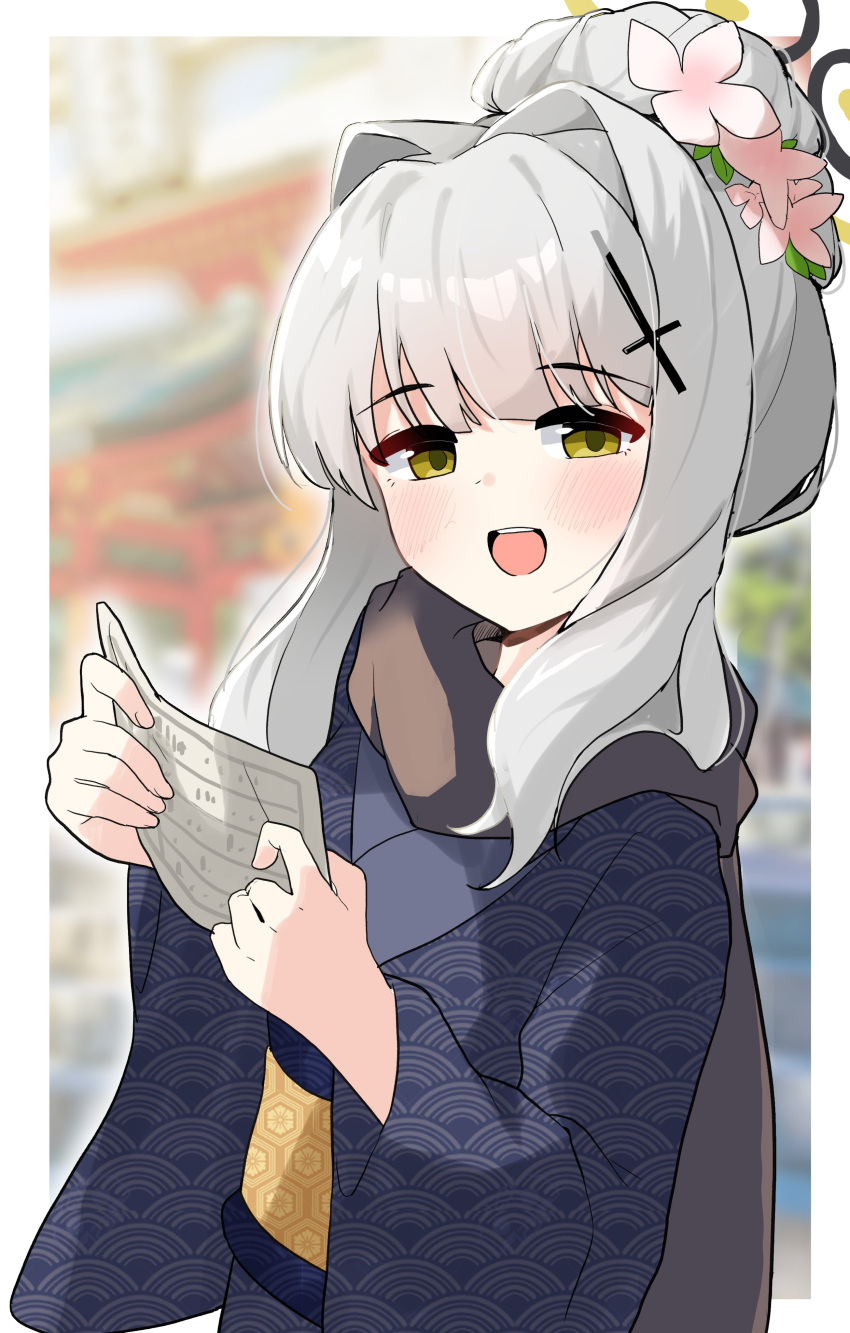 1girl, absurdres, black_kimono, blue_archive, blush, border, cross_hair_ornament, flower