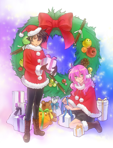 bow, christmas, couple, feldt_grace, gift, gundam, gundam_00, haro
