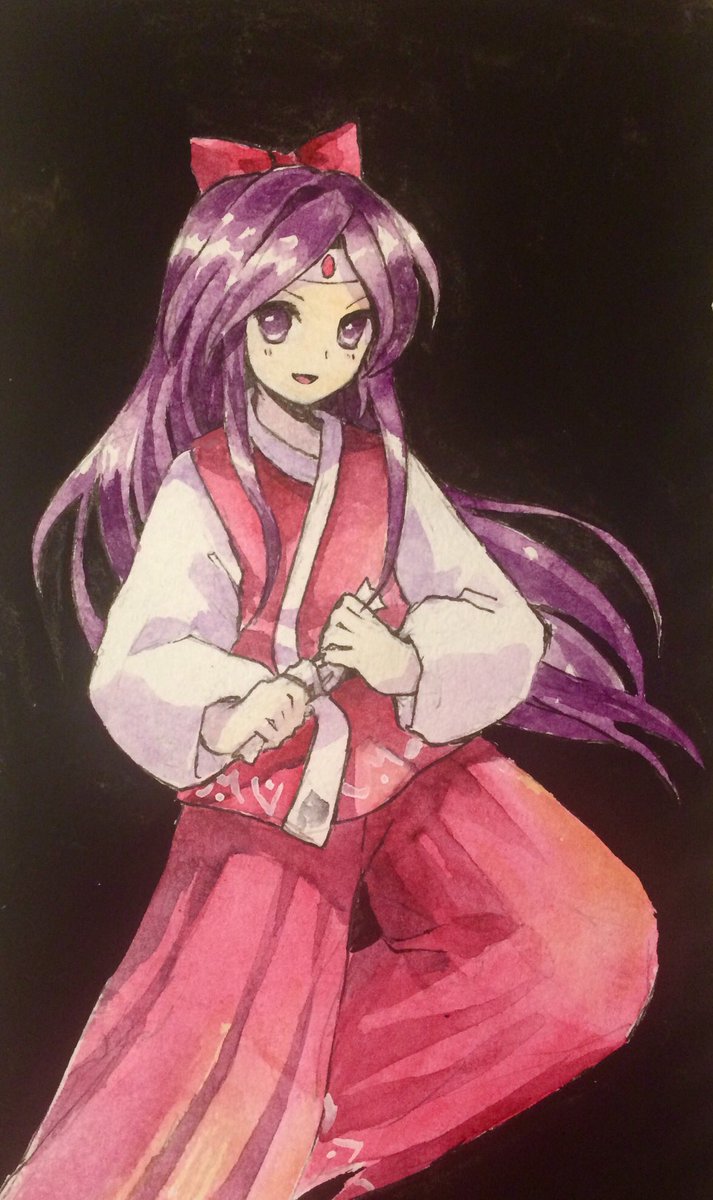 1girl, black_background, commentary_request, flat_chest, hakama, hakama_pants, hakurei_reimu, hakurei_reimu_(pc-98)