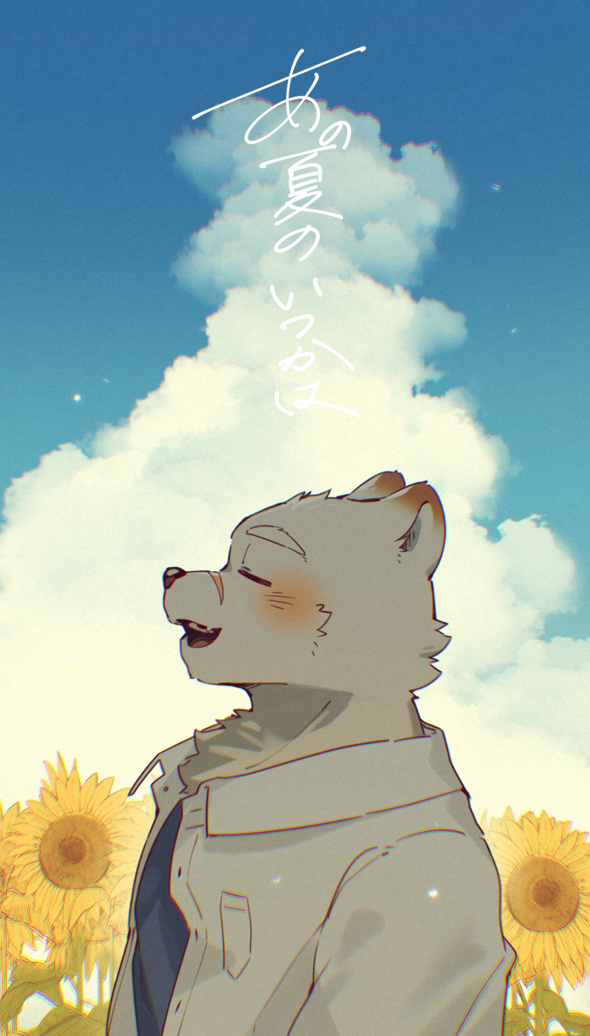 1boy, absurdres, animal_ears, bear_boy, bear_ears, blue_sky, blush, closed_mouth