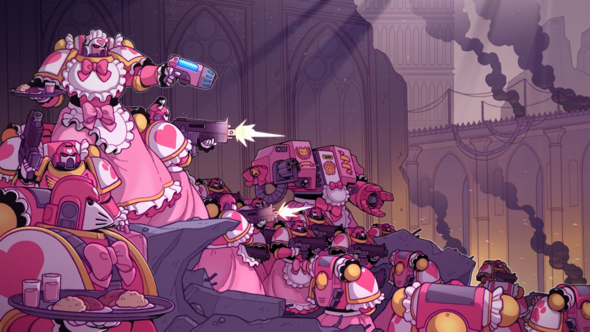 adeptus_astartes, apron, architecture, armor, armored_dress, battle, bolter, bow