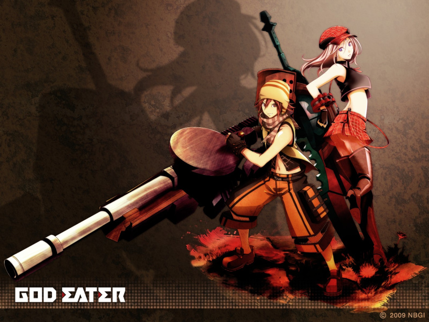 arisa_iriinchina_amieera, ass, boots, cabbie_hat, fujiki_kouta, god_eater, god_eater_burst, hat, highres, huge_weapon, midriff, official_art, pantyhose, plaid, plaid_skirt, skirt, suspenders, tan_pantyhose, tartan, thigh_boots, thighhighs, underboob, wallpaper, weapon