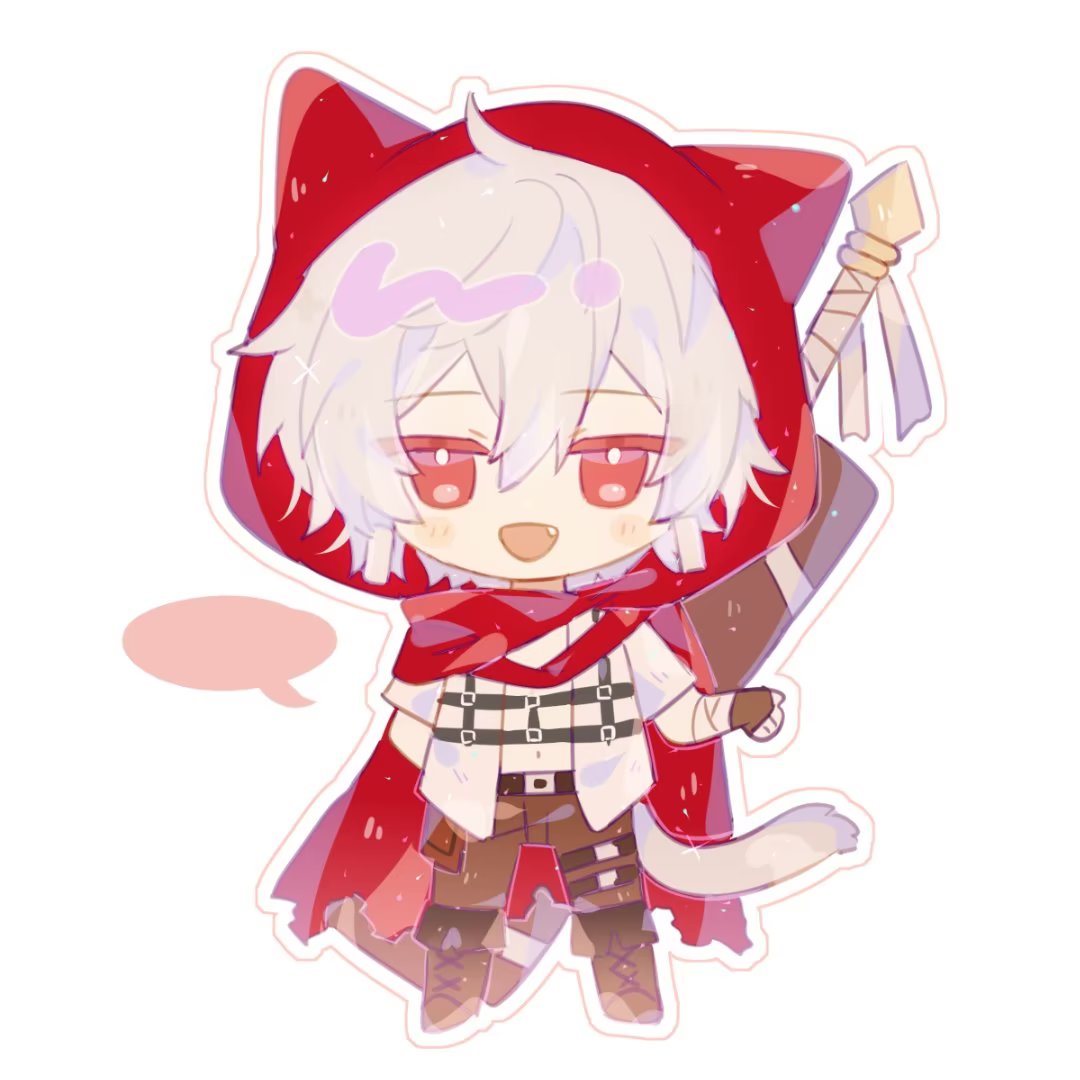 1boy, alec_(brown_dust), animal_hood, arm_behind_back, bandaged_hand, bandages, belt, brown_dust_2, brown_pants, cape, cat_hood, cat_tail, chibi, cloak, cross-laced_footwear, fang, full_body, hair_bet, hood, hooded_cloak, huge_weapon, looking_at_viewer, luppykiy, open_mouth, pants, red_cloak, red_eyes, shirt, short_hair, simple_background, smile, solo, speech_bubble, sword, sword_on_back, tail, torn_cape, torn_clothes, weapon, weapon_on_back, white_hair, white_shirt