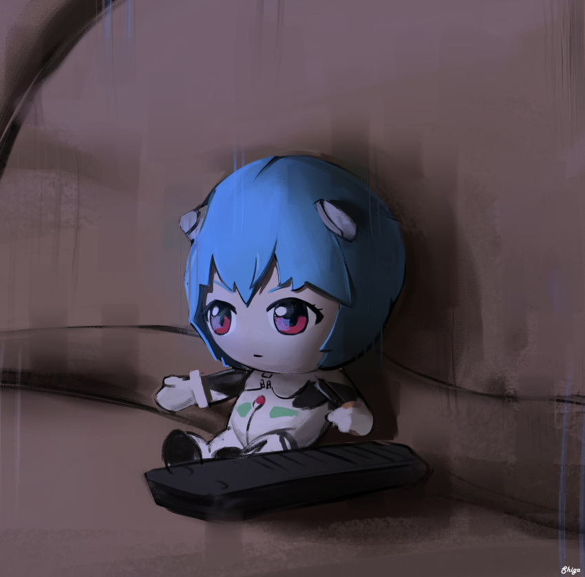1girl, absurdres, ayanami_rei, blue_hair, character_doll, couch, expressionless, highres