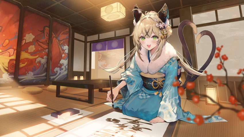 1girl, animal_ears, blue_kimono, cat_ears, cat_girl, cat_tail, commentary_request, fang
