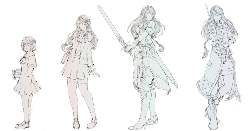 1girl, age_progression, bag, boots, braid, coat, crown_braid, eiyuu_densetsu